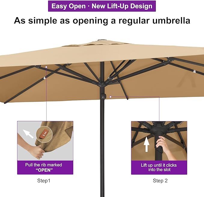 PURPLE LEAF 12' x 9' Rectangular Semi-Auto Outdoor Patio Umbrella Aluminium Market Umbrella Table Sun Umbrella with 1.89" Rod and 8 Sturdy Ribs for Deck Lawn Pool Garden, Beige
