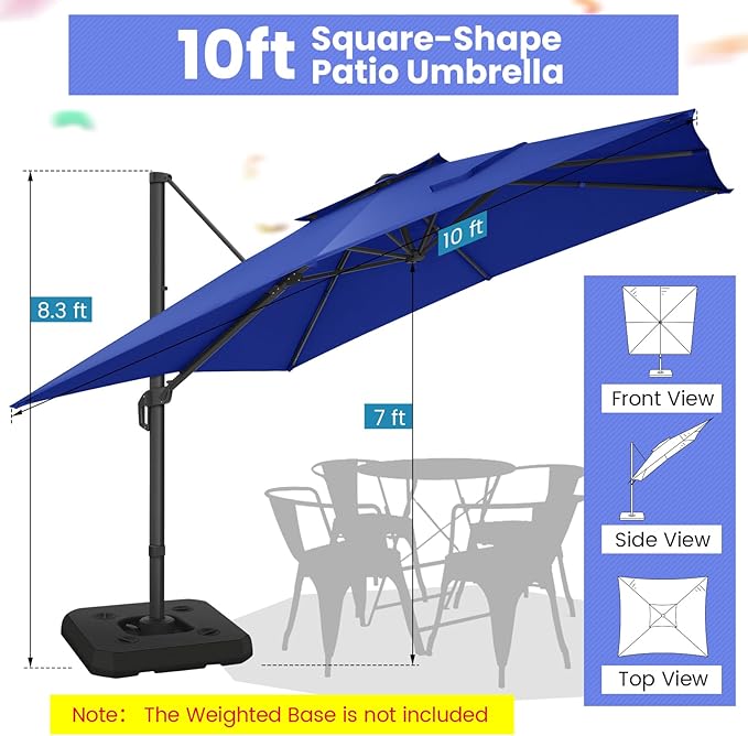 HOTEEL Patio Umbrella - 10ft Cantilever Umbrella Outdoor for Patio, Offset Umbrellas with Double Top Vent, UV resistant & Fade resistant, Large Table Umbrella on Clearance for Deck, Pool, Market, Backyard -Dark Blue