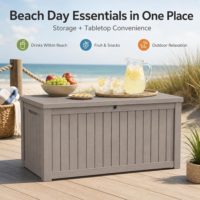 Outdoor Deck Patio Storage Box - 140 Gallon Large Outdoor Deck Box, Plastic Storage Bin with Lid, Outside Toy Box & Pool Storage Container for Cushions, Garden Tools, Towel, Brown