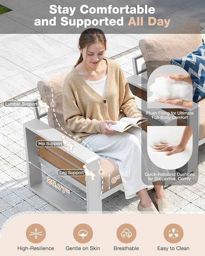 Aoxun Aluminum Patio Furniture Set, 5 Piece Luxury Outdoor Sectional with 6" Olefin Fabric Cushions, Patio Conversation Sets with Coffee Table and Waterproof Cover for Backyard, Porch Beige