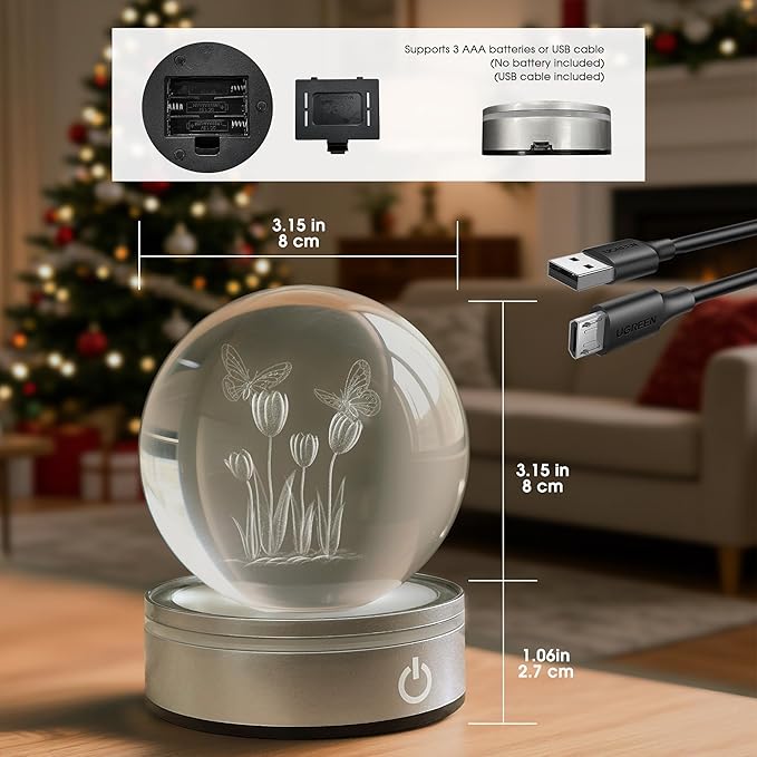 L LOHAS LED 3D Crystal Ball Night Light-Laser Engraved Floral with Silver Base, RGB 4-Color Changing Touch Control Decor Night Light,USB Plug-in & Battery Powered,as a Gift for Girls & Wife