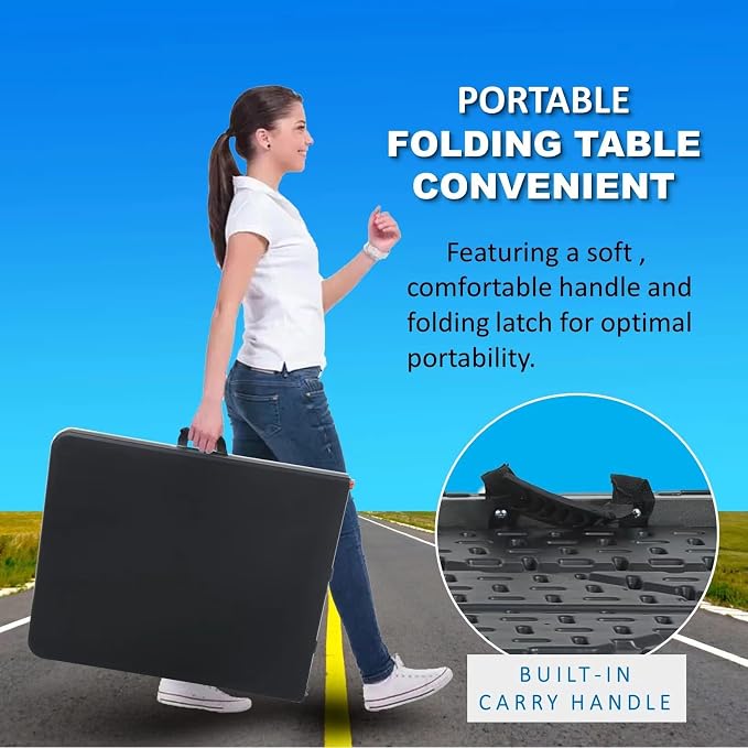 Portable Folding Table 6ft Heavy Duty Plastic Foldable Table with Carrying Handle Outdoor Indoor Plastic Dining Table for Camping and Party Picnic, Black