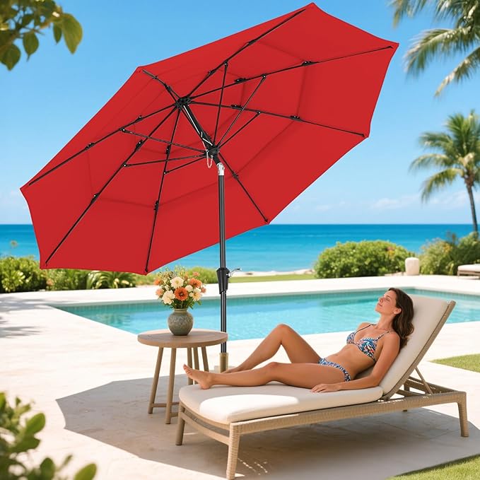 ONBRILL 9 FT Outdoor Patio Umbrella, 3 Tier Market Table Umbrella with 8 Sturdy Fiberglass Ribs and 1.5’’ Pole, Smooth Button Tilt Patio Umbrella for Backyard Pool Garden, Red(No Base)