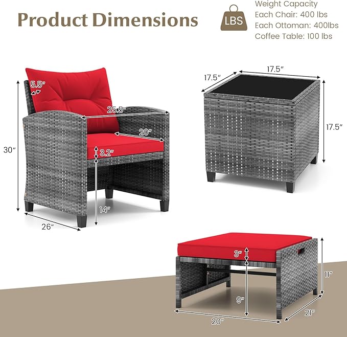 Tangkula 5 Pieces Patio Conversation Set, PE Wicker Rattan Outdoor Furniture Set with 2 Chairs, 2 Ottomans & Tempered Glass Coffee Table, Ideal for Poolside, Backyard, Lawn, Deck, Mix Grey & Red