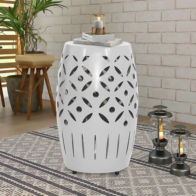ABBLE Round Patio Outdoor Indoor Lace Cut Steel Side Table, Patio Garden Table, Coffee End Table Nightstand for Small Spaces,Living Room,Front Porch,Poolside, White