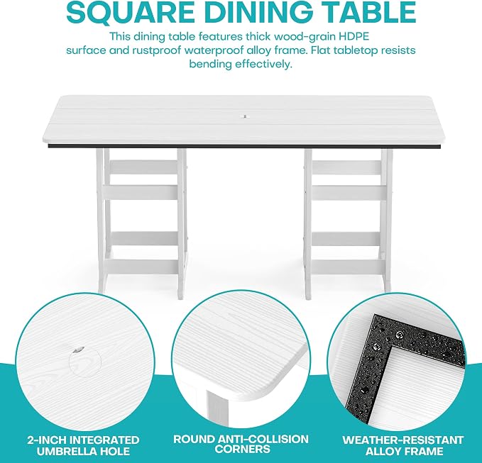 5-Piece Dining Set, HDPE Table & 4 Chairs, White | HDPE Dining Set: 69.1" Table + 4 Chairs, 380 lbs, 304 Stainless, All-Weather, No Rust No Crack, Outdoor Patio Garden