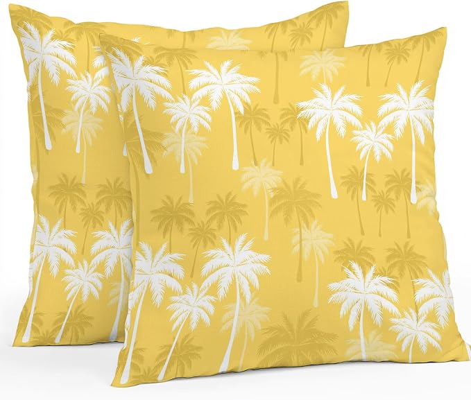 Throw Pillow Covers 20x20 Inch Set of 2, Tropical Palm Tree Waterproof Outdoor Pillow Covers, Yellow White Plants Coastal Leaf Beach Decorative Cushion Pillowcases for Couch, Sofa, Bed, Garden, Patio