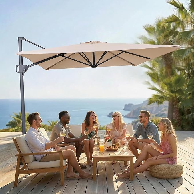 10FT Offset Patio Umbrella, Cantilever Hanging Umbrella with Infinite Tilt, Fade-Resistant Water-Repellent Canopy & Cross Base for Yard, Garden & Deck