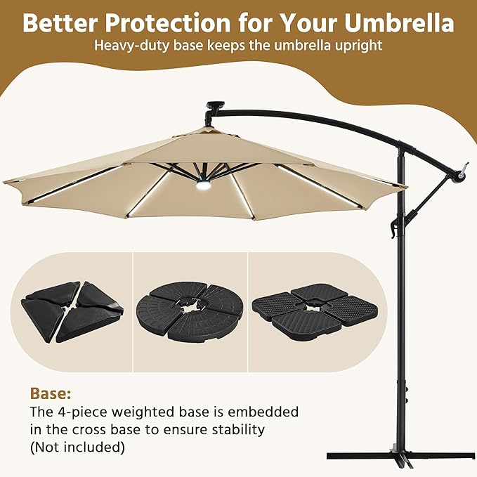 Yaheetech 10 FT Solar Powered LED Patio Umbrella Outdoor Cantilever Umbrella, UV Protection & Windproof, Offset Hanging Sunshade w/Strip Lights & Hub Light for Backyard Garden Pool