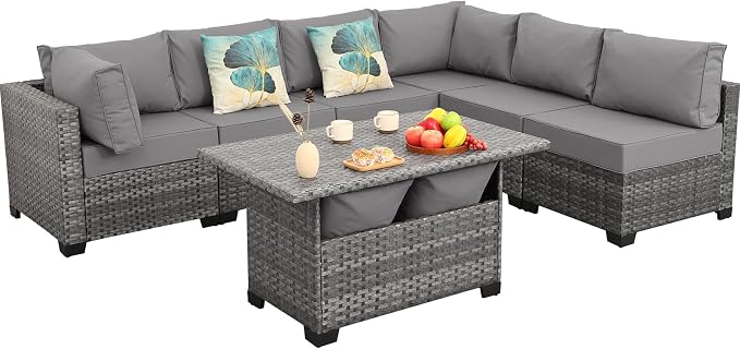 Lviden 7 Pieces Wicker Patio Furniture Set Outdoor Sectional Conversation Sofa Set with Storage Table Non-Slip Cushions and Furniture Cover, Light Grey