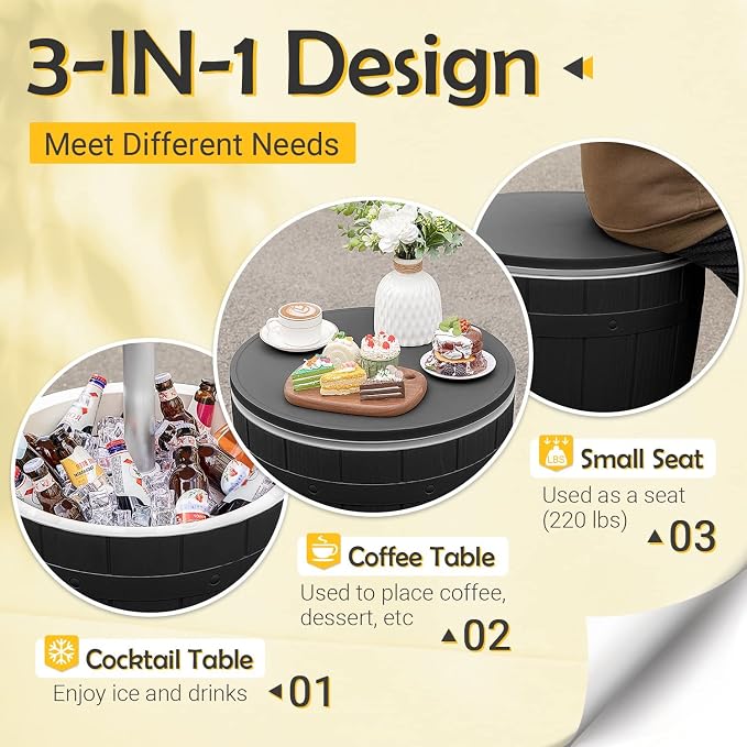 Greesum Outdoor Patio 10 Gallon Cooler Bar Table, 3 in 1 Resin Patio Beer and Wine Ice Bucket Cocktail Tables with Adjustable Height for Party and Deck, Black