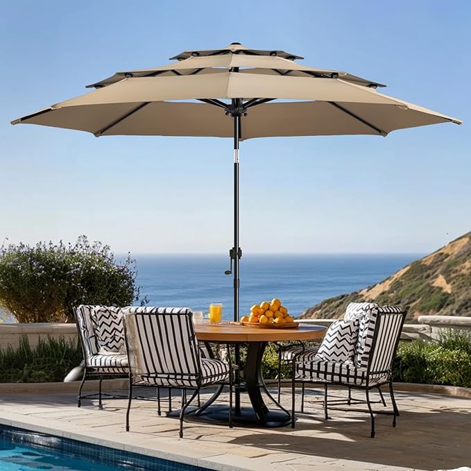 wikiwiki 10ft 3-Tier Patio Umbrella Outdoor Table Market Umbrella for Patio with Push Button Tilt/Crank, Fade Resistant Waterproof POLYESTER Canopy for Garden, Lawn, Deck, Backyard & Pool, Tan