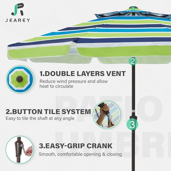 JEAREY 9' 2-Tiers Patio Umbrellas Outdoor Market Table Umbrella w/Push Button Tilt/Crank, 8 Sturdy Ribs, UV Protection Waterproof Sunproof(Bold Blue-Green Stripe)