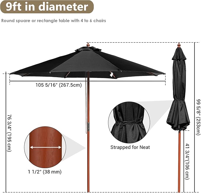 Yescom 9ft Coastal Solid Wood Umbrella Pulley Lift Commercial Base with Wheel Included for Seaside Restaurant Terrace Poolside Beach Club