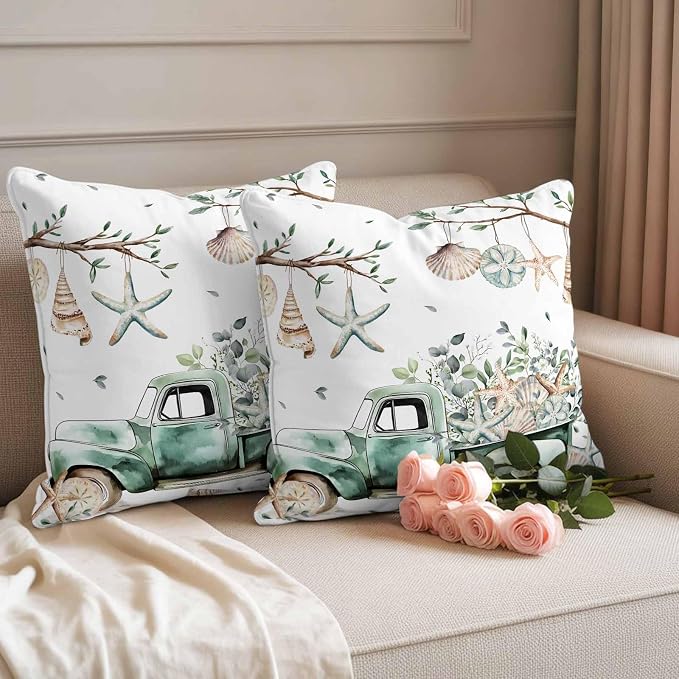 Sage Green Truck Outdoor Waterproof Throw Pillow Covers Set of 2, 26"x26", Ocean Starfish Shell Summer Leaf Decorative Pillow Covers Outside Cushion Case for Patio Porch Garden