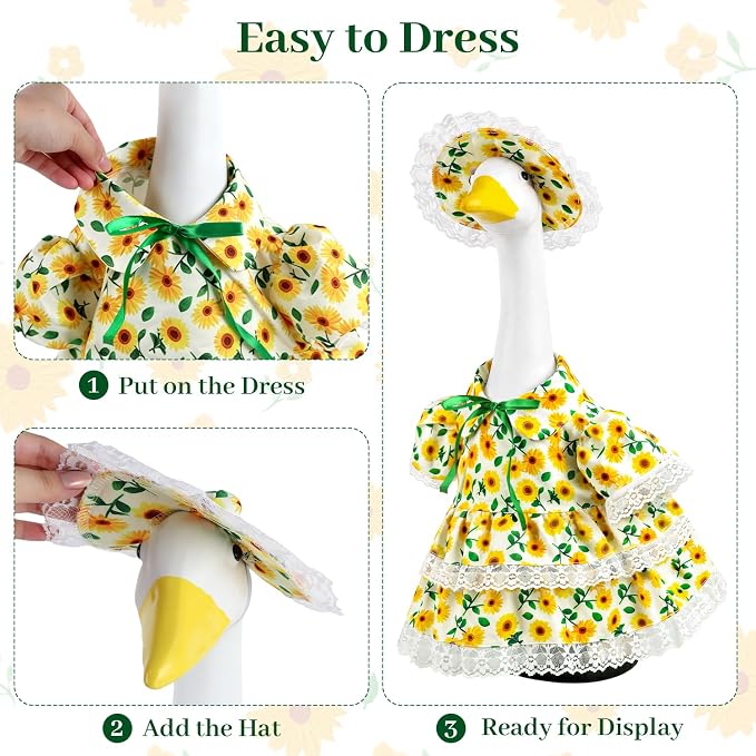 Porch Goose Outfits for 23 Inch Goose Statue, Summer Sunflower Dress with Yellow Hat and Lace Trim, Porch Goose Clothes for Outdoor Garden Lawn Patio Decor