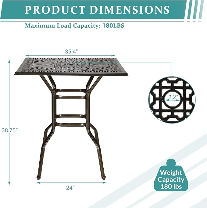 MEETWARM Patio Height Bar Table, 35.4" Bar Height Bistro Table, Outdoor Cast Aluminum Bistro Square High Top Dining Table with 2.2" Umbrella Hole for Garden Deck Backyard, Dark Bronze