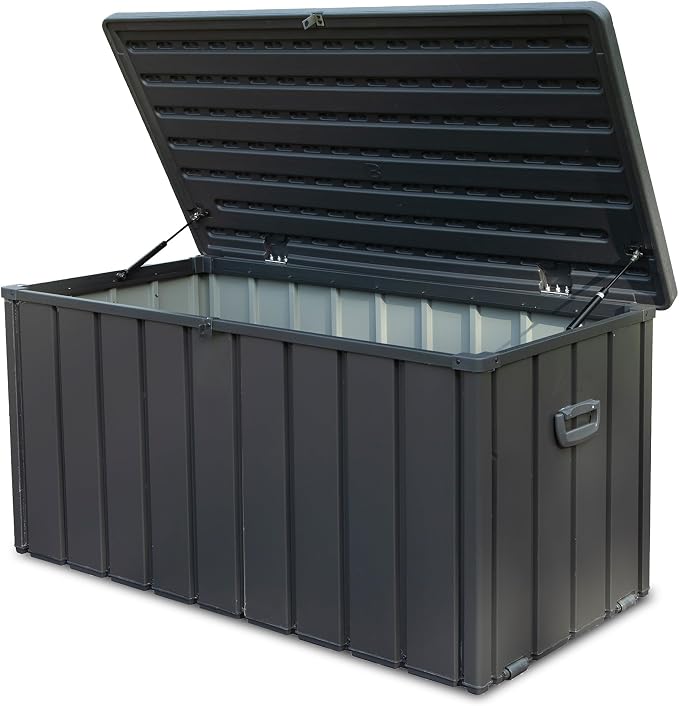 NEWQIDA 100 Gallon Outdoor Deck Box Lockable Metal Storage Container with Resin Lid, Waterproof Storage Box with Rolling Castors for Patio Garden Tools, Pools Equipment, Cushions, Dark Gray