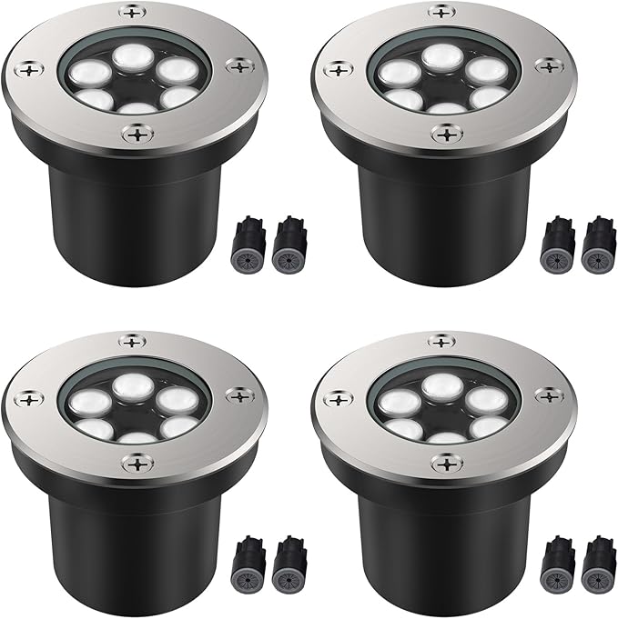 JESLED Low Voltage Landscape Lights, 6W LED Well Lights IP67 Waterproof, 6000K Bright White In-Ground Lights with Wire Connectors for Pathway, Deck, Patio, Yard, Garden (4 Pack)