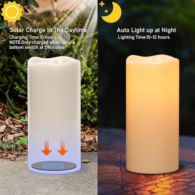Eldnacele Large Outdoor Solar Flameless Candles Waterproof, 4" x 8" 10", Solar Powered Dusk to Dawn Plastic LED Flickering Pillar Candles Garden Patio Lanterns Wedding Holiday Decor(2 Pack White)