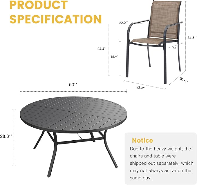 VICLLAX Patio Table and Chair Set of 6, All Weather Metal Round Outdoor Dining Furniture Set-50 Round Outdoor Table and Chairs, Black Tabletop