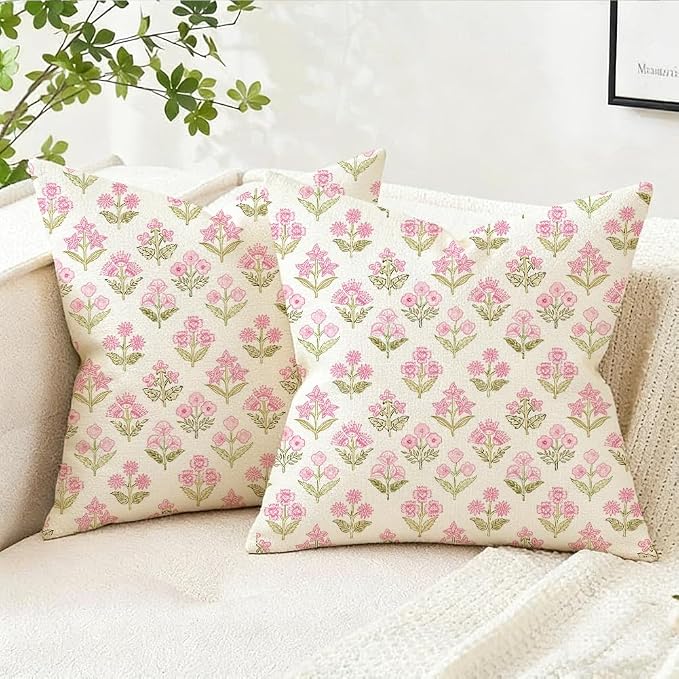 RABUSOFA Pink Vintage Floral Summer Pillow Covers Set of 2,Seasonal Flower Oudtdoor Decorative Throw Cuchion Cases Spring Summer Decorations for Home Patio Couch Decor 20x20 Inch