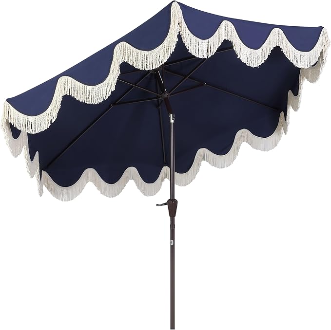 JONATHAN Y UMB1001 Collins 9 ft. Classic Cottage Tassel Market Patio Umbrella with Auto-Tilt, Crank, Wind Vent and UV Protection