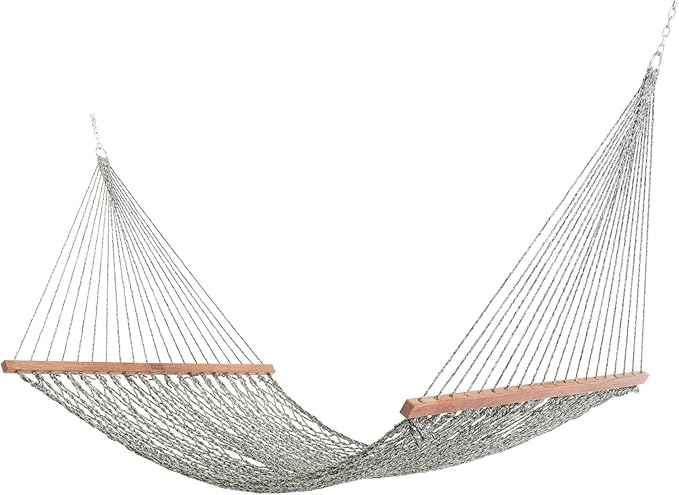 Nags Head Hammocks Double Green/Oatmeal Tweed DuraCord Rope Hammock – 13 ft. x 55 in., 2-Person, 450 lb Capacity, Cumaru Spreader Bar, Galvanized Hardware, Handcrafted in USA, Free Chains & Tree Hooks