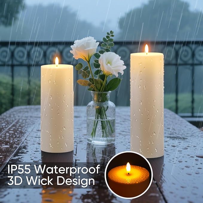 Raycare 2Pcs 4'' X 10'' Large Waterproof Outdoor Flameless Candle, Battery Operated LED Candles with Remote Control and Timer, Electric Fake Plastic Pillar Candles, Ivory