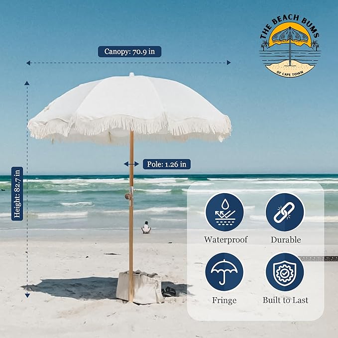 Beach Umbrella for Sand with Fringe – Luxury Boho Outdoor Umbrella for Beach, Pool, Garden, UPF 50+ Wood Shaft Metal Fittings Round with Carry Bag From