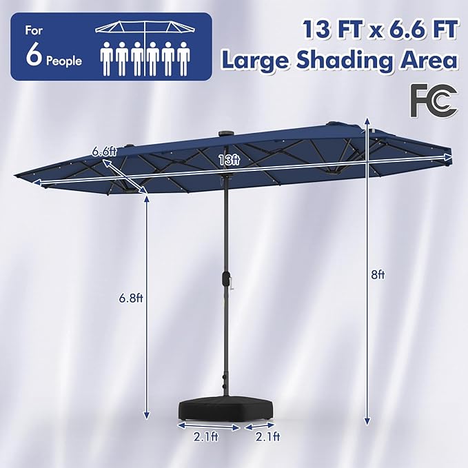 HAPPYGRILL Double-Sided Patio Umbrella with Solar Lights, 13FT Large Umbrella with Base Included, Crank Handle, Market Twin Table Umbrella for Outdoor Backyard Garden Poolside