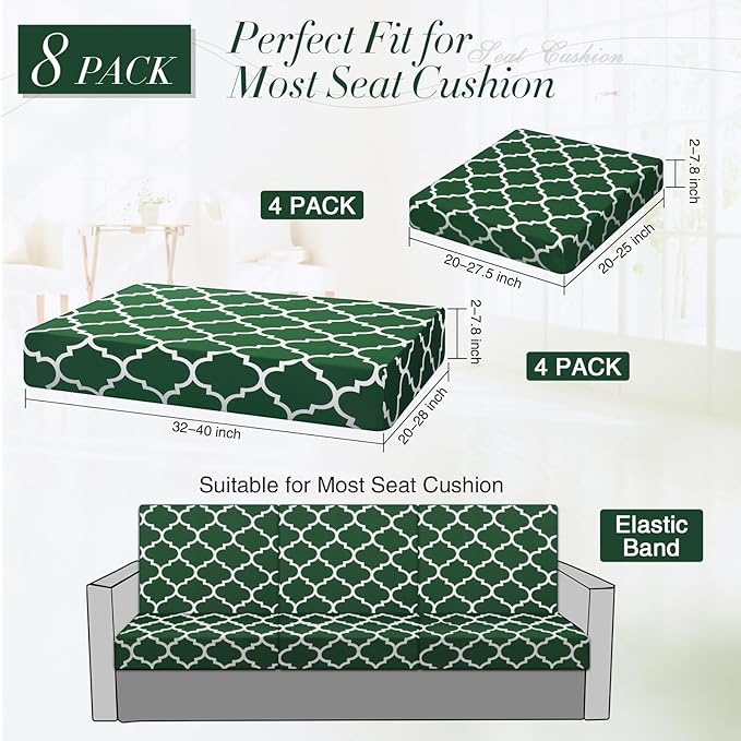 Newwiee 8 Pcs Stretch Patio Outdoor Cushion Covers Waterproof Replacement Sofa Couch Covers for 4 Backrests and 4 Cushions Washable Lawn Garden Seat Furniture Protector(Dark Green)