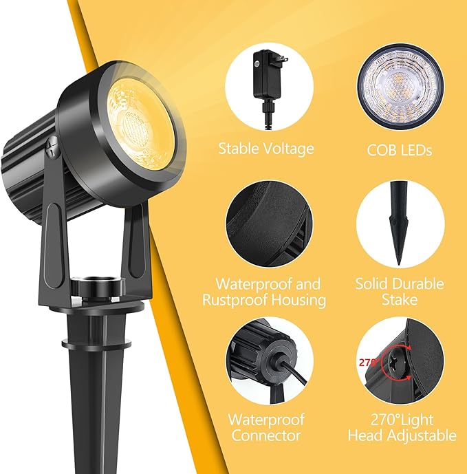 LED Spotlights Outdoor,Low Voltage Landscape Lighting IP65 Waterproof with US Plug, 3000K Warm White Outdoor Spot Lights for Yard Flag Pole House Garden Tree(6-in-1)