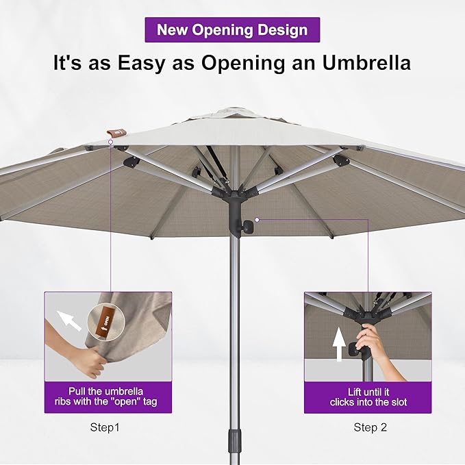 PURPLE LEAF 10 FT Semi-Auto Outdoor Patio Umbrella Market Table Sun Umbrellas with 8 Aluminum Sturdy Ribs for Backyard Deck Garden Pool (Silver Pole Beige Canopy)