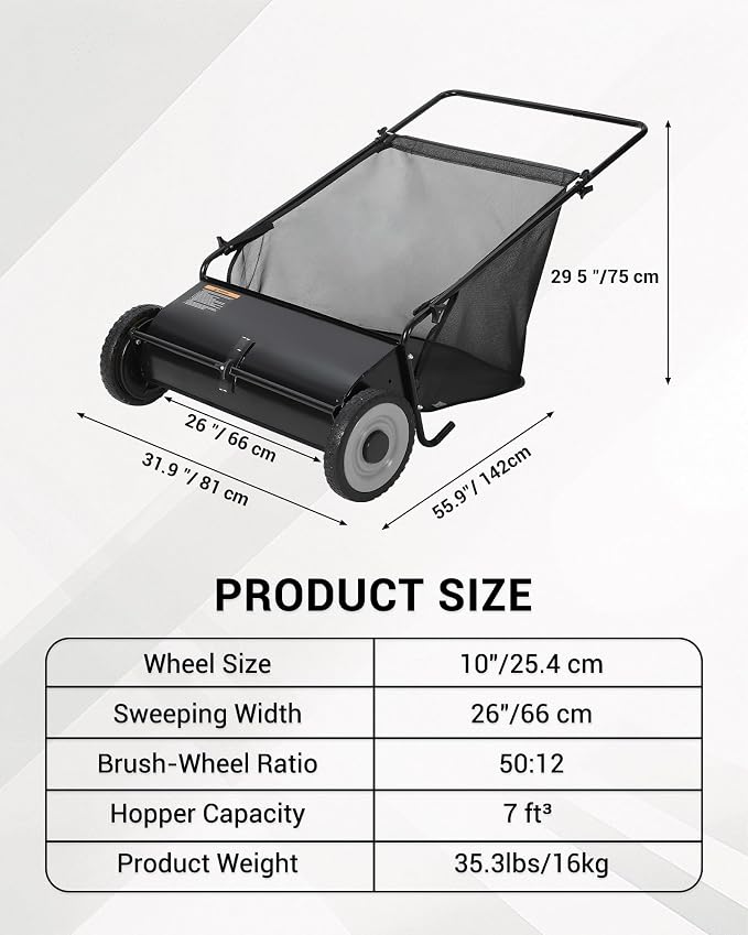 Heavy-Duty 26-Inch Hand-Push Lawn Sweeper with 7 Cu.ft. Collection Bag & Adjustable Brush Reel - Ideal for Picking Up Grass, Leaves, and Yard Debris on Any Terrain