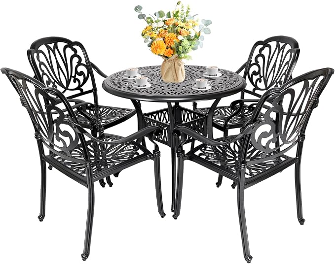 5 Piece Cast Aluminum Patio Dining Set, All Weather Outdoor Dining Furniture Set Includes 4 Chairs and 1 Round Table with Umbrella Hole for Garden,Deck, Balcony,Backyard, Black