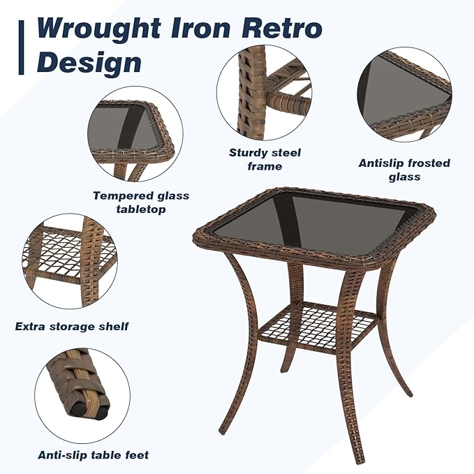 EROMMY 3 Pieces Patio Furniture Set, Outdoor Swivel Rocker Patio Chairs, Wicker Patio Bistro Set with Rocking Chair, Thickened Cushions and Glass Coffee Table for Backyard, Garden, Navy Blue