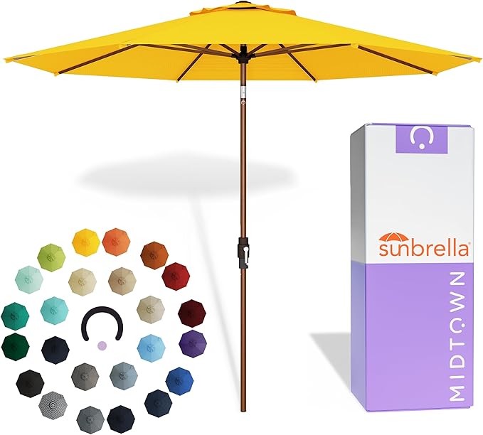 Midtown Umbrellas Wooden 2-8 Ft Patio Umbrella with 360° Swivel & Tilt Mechanism, 8 Fiberglass Ribs & Sunbrella Fabric - Outdoor Umbrella for Deck, Pool & Garden - Burgundy Canopy, Wooden Pole