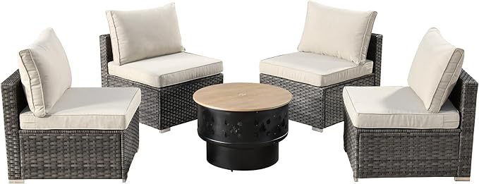 HOOOWOOO 5-Piece Outdoor Wicker Patio Furniture Set, All-Weather Rattan Chairs with Cushions and Fire Pit Table, Modern Garden Conversation Set for Patio, Porch, and Balcony (Beige)