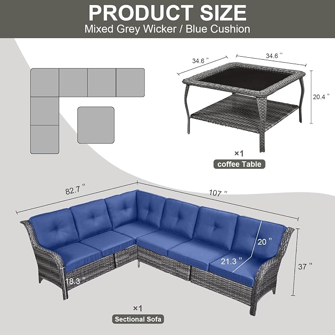 Belord Patio Furniture Set 6 Seats, Oversized Outdoor Sectional Couch, Two 3-Seater Sofas with Coffee Table, Patio Conversation Sets,Ideal for Porch, Deck, Gray Wicker/Blue