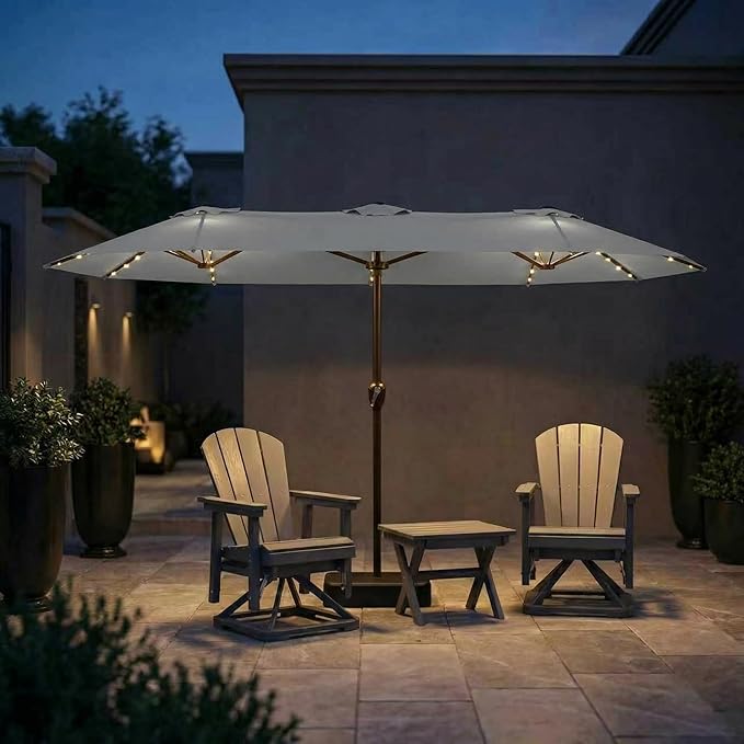 15FT Patio Umbrella with Solar Lights, Double-Sided Extra Large Outdoor Table Umbrella with Base Included, Heavy-Duty 12 Iron Ribs Market Umbrella for Garden, Pool, Backyard, Light Gray