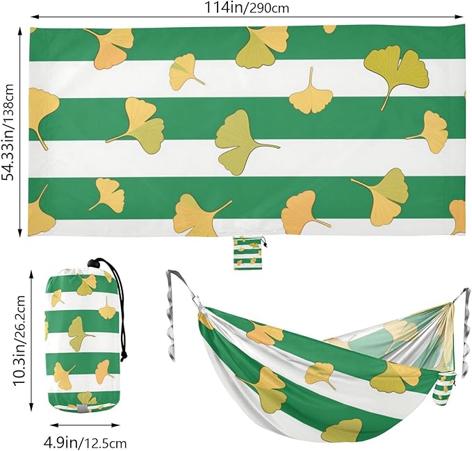 Green White Striped Ginkgo Biloba Leaf 330lb Capacity Camping Hammocks with Hanging Rope Hanging Hammock for Patio Backyard Lounge Base macas mexicanas de Patio para Adulto