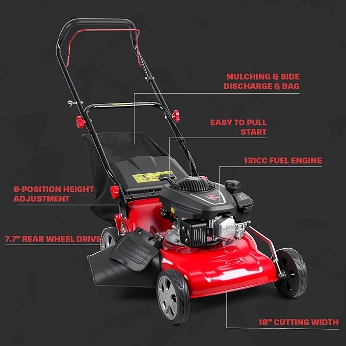3 in 1 Self Propelled Lawn Mower, 131cc Gas Engine Foldable Cordless Push Mowers Tractors, Push Lawn Mower with 50L Grass Tank, Big Wheels & Easy Start Red (red)