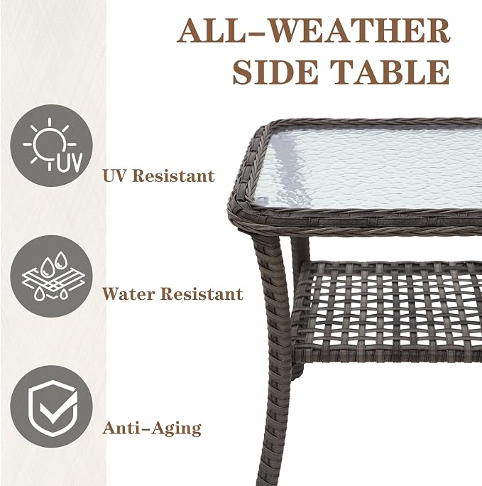 Outdoor Woven Rattan Coffee Table with Tempered Glass, Wicker Side Table for Outside Patio Porch, Stonewash Gray