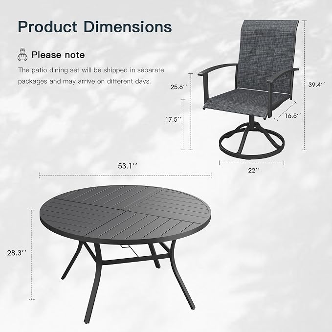 VICLLAX 7 Pieces Patio Outdoor Dining Set, 6 Swivel Textilene Chairs and 53" Round Metal Table with Umbrella Hole for Porch, Deck, Garden, Black