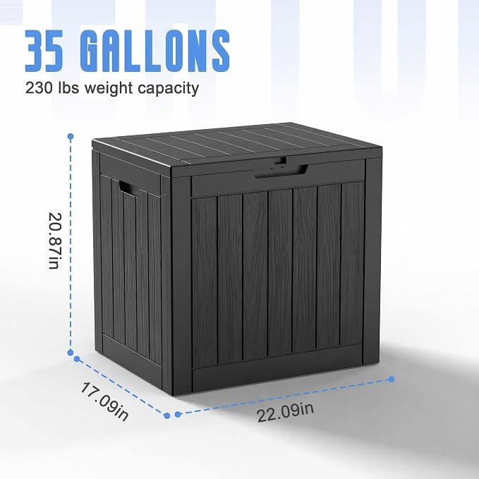 35 Gallon Outdoor Deck Storage Box, Weatherproof Lockable Patio Storage Bin for Poolside, Backyard, Lawn & Outdoor Compact Space (Black,35GAL)