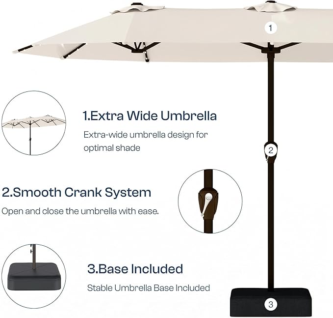 15FT Patio Umbrella with Solar Lights, Double-Sided Extra Large Outdoor Table Umbrella with Base Included, Heavy-Duty 12 Iron Ribs Market Umbrella for Garden, Pool, Backyard, Creamy White