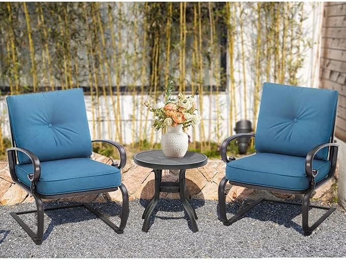 Outdoor 3 Pcs Patio Bistro Spring Set Motion Metal Lounge Chairs and Round Table, Steel Conversation Set with Washable Cushions, Peacock Blue
