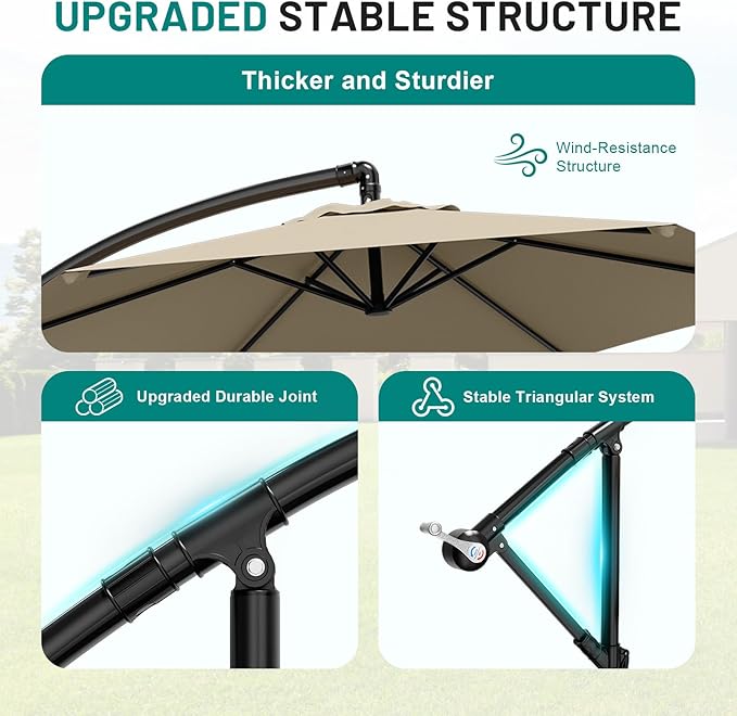 AreShark 10FT Patio Outdoor Umbrella, Offset Patio Umbrella Cantilever Umbrella, 6 Sturdy Ribs, Easy Adjustment for Garden Market Pool with Cross Base (Beige)