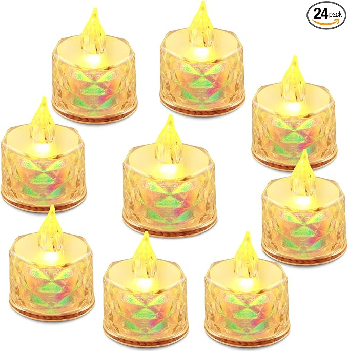 24 Pack Battery Operated LED Tea Light Candles Flameless Safe Simulated Fire Halloween/Christmas Party Decoration Wedding Table Lights Desktop Mood Lights